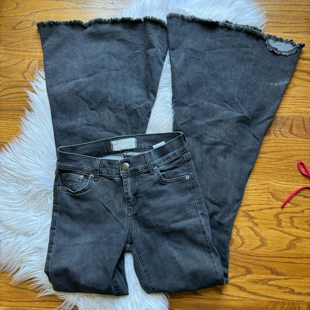 Free people, black bellbottoms, frayed jeans